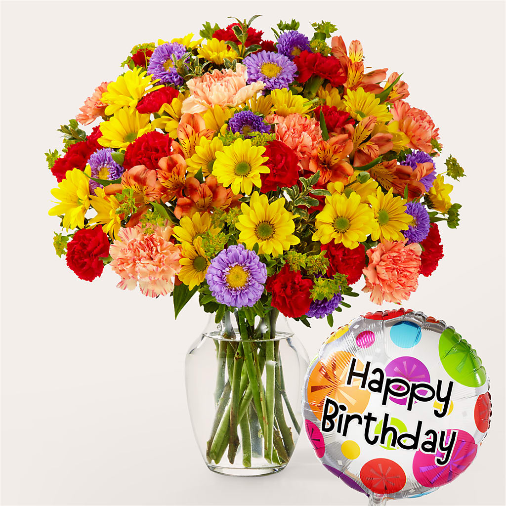 Kaleidoscope Bouquet with Birthday Balloon – A&L FLORAL, Hamilton NJ