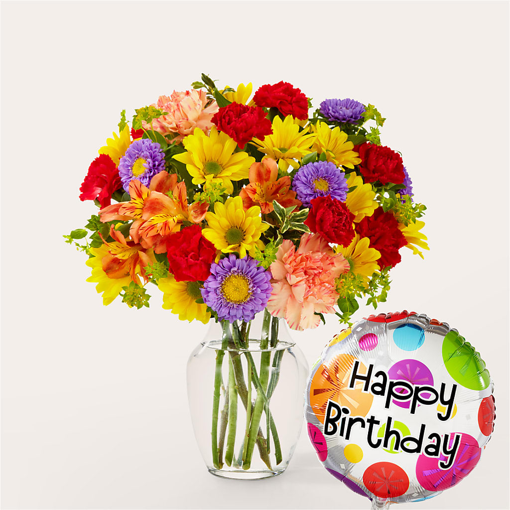 Kaleidoscope Bouquet with Birthday Balloon – A&L FLORAL, Hamilton NJ