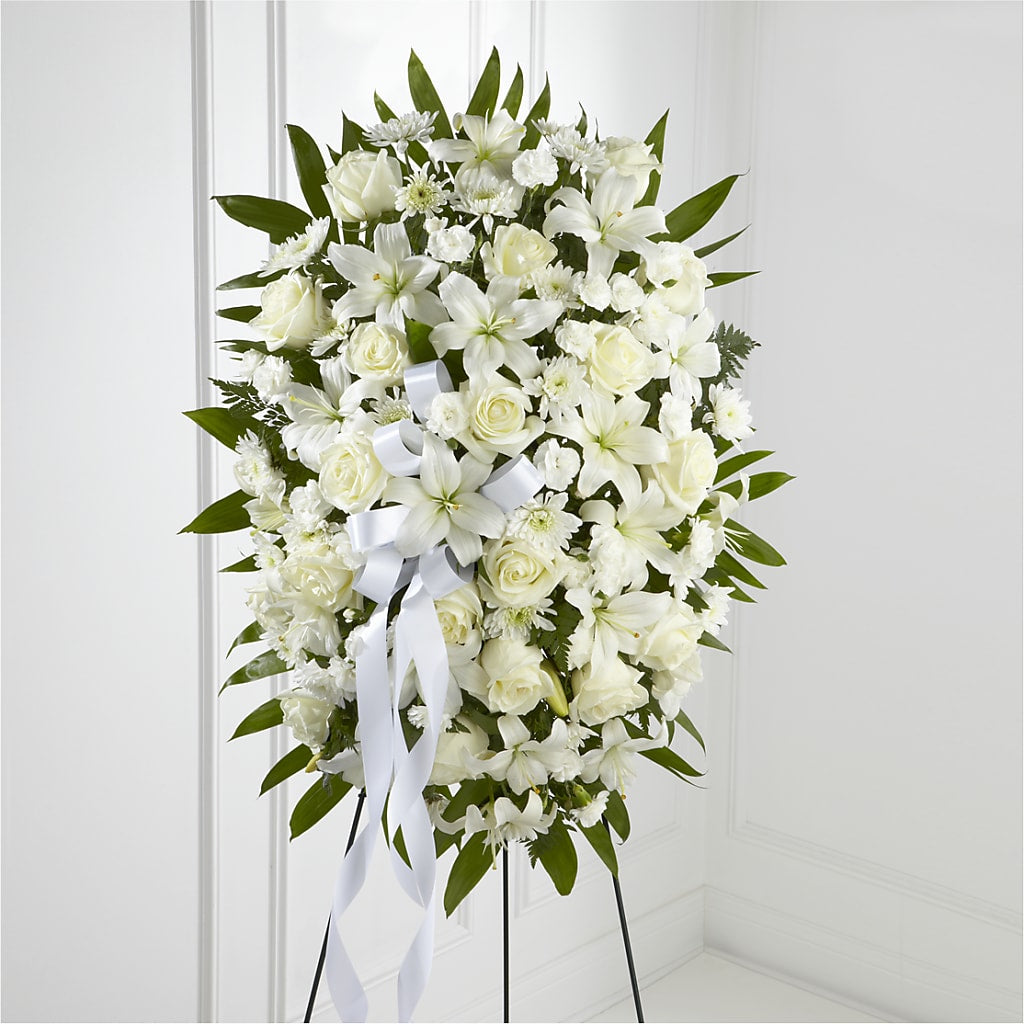 Exquisite Tribute Standing Spray-White Ribbon – A&L FLORAL, Hamilton NJ