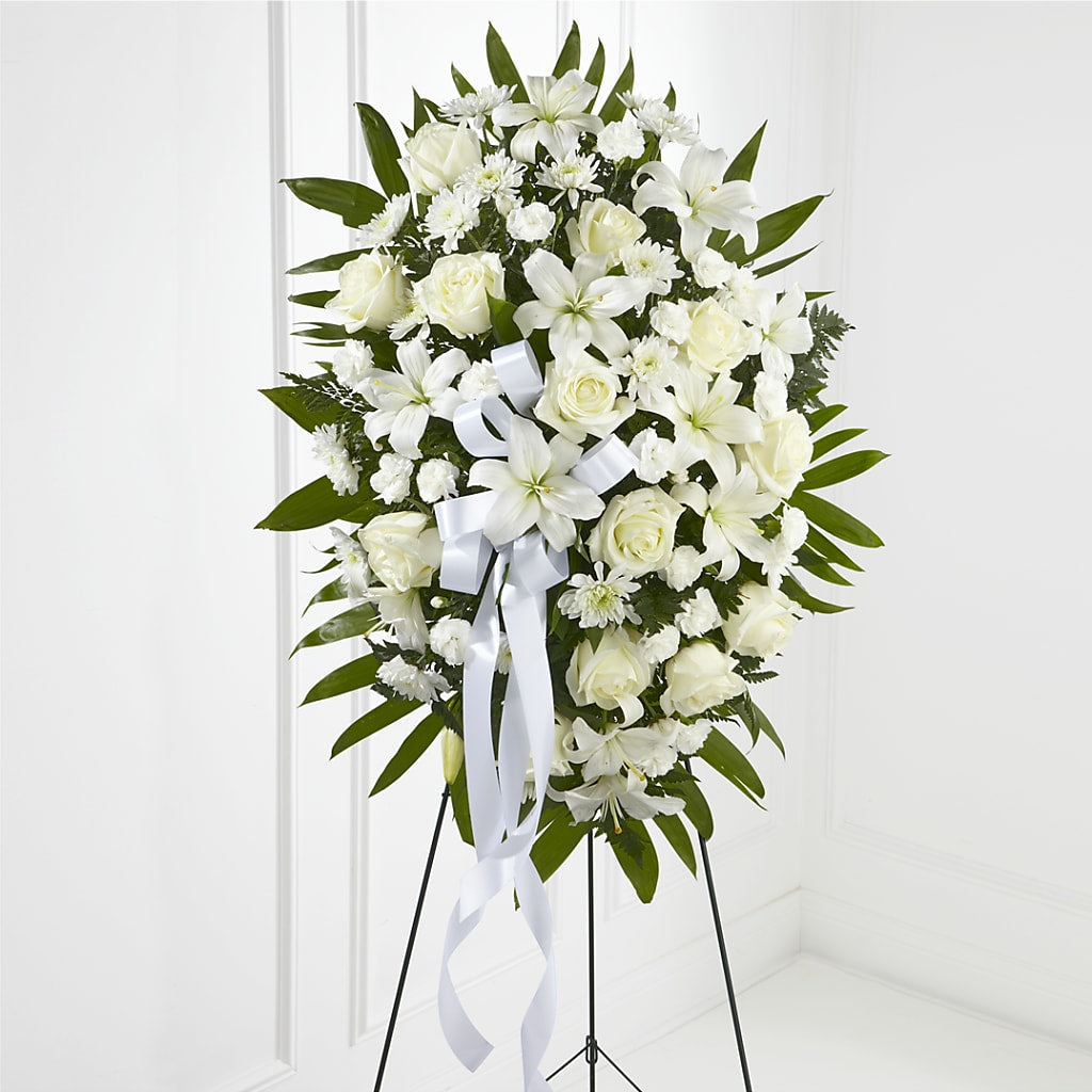 Exquisite Tribute Standing Spray-White Ribbon – A&L FLORAL, Hamilton NJ